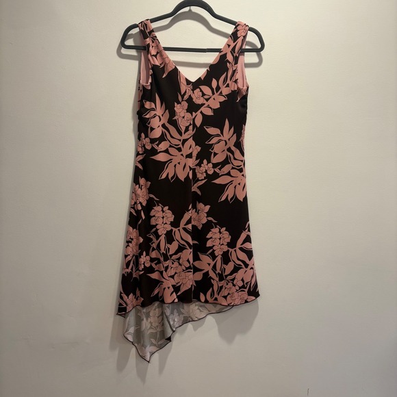 Y2K Babydoll Dress Brown Pink Floral Asymmetrical Hem V Neck Fairy Size M 2000s - Picture 4 of 8